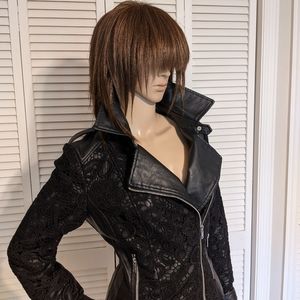Faux leather jacket with lace detail